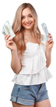 Young happy woman with dollar banknotes in hand isolated on white background, close up