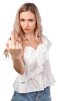 Portrait of annoyed young woman showing middle finger isolated on white background