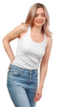 Young woman in white shirt suffering from backache isolated on white background