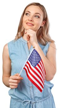 Portrait of a young smiling woman holding USA flag isolated on white background