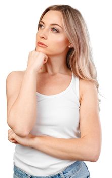 Beautiful young thinking thoughtful woman posing isolated on white background