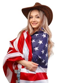 Portrait of a young smiling woman holding USA flag isolated on white background