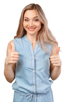 Young caucasian woman isolated on white background showing ok sign with fingers, close up