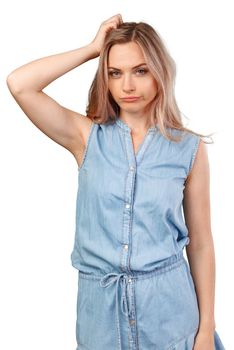 Beautiful young thinking thoughtful woman posing isolated on white background