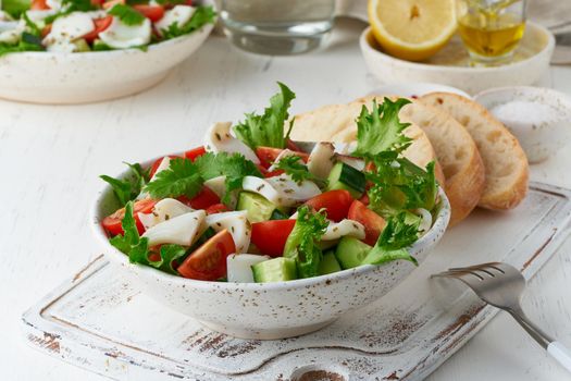 Salad with squid, cucumbers, tomatoes and lettuce. LCHF, FODMAP, paleo diet. Fresh spring vitamin mix. Healthy Mediterranean food, balanced food. Side view, close up