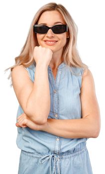 Portrait of a beautiful young woman with smile and sunglasses isolated on white background