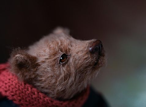 a photo of a handmade collectible teddy bear, suitable for printing in a calendar card or for inserting into a frame for delivering aesthetic pleasure in your free time. High quality photo