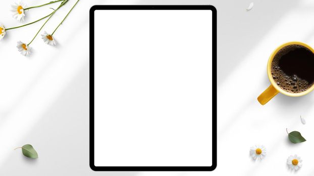 Top View Copyspace Tablet Mockup On Desktop For Advertisment Text For Blog Headder or Website Header Promotion.