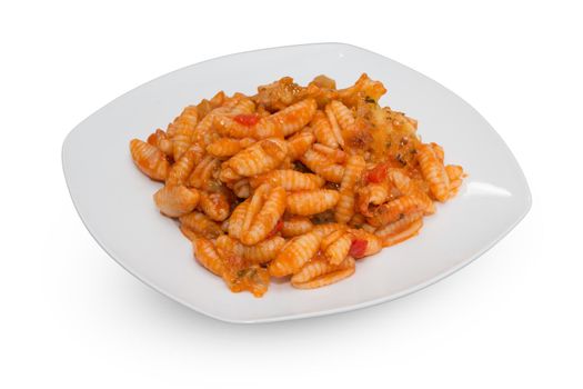 Plate of Macaroni with tomato sauce and cheese on white background