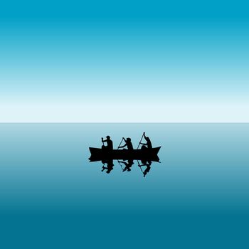 Three people in a boat silhouettes over blue water