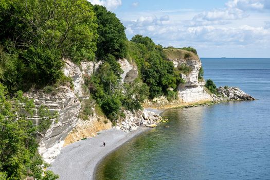 Hojerup, Denmark - July 21, 2020: View of the coastline at Stevns Klint cliff