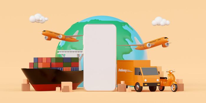 Global logistics, delivery and cargo transportation via smartphone, 3d illustration