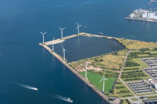 Copenhagen, Denmark - August 21, 2021: Aerial view of Lynettens onshore wind power park