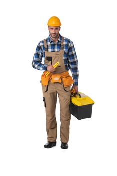 Handsome carpenter with tool box isolated on white background