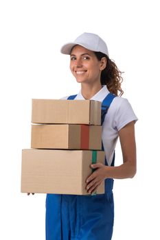 Delivery woman with packed boxes isolated on white