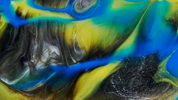 Fluid paint art, marble abstractions in blue, purple, black and yellow. Deep ink blanks. Abstract unique colorful background. Artistic painting of natural spreading. Abstract textural art. Liquid forms of design. Ink transitions. Colorful cell background, splash screen, background.