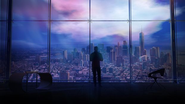 A silhouette of a businessman looking through the window of his large office against the backdrop of cityscape. 3D render.