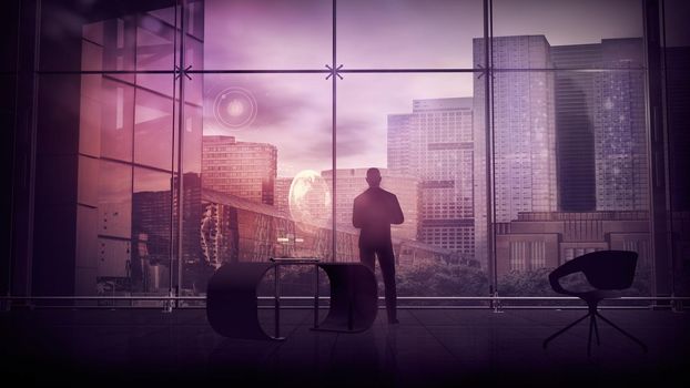 Silhouette of a businessman against the backdrop of a window in the office of the future. 3D render.