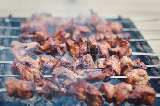 Large pieces of meat on a skewer are cooked on the grill. Kebab in smoke from coals
