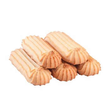 Stack of appetizing crunchy shortbread cookies isolated on white background. Popular spritz cookies