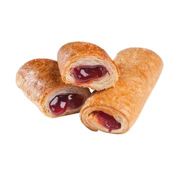 Appetizing freshly baked puff rolls stuffed with cherry jam isolated on white background. Sweet pastry concept