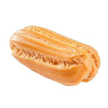 Closeup of whole choux pastry eclair isolated on white background. Popular French sweets