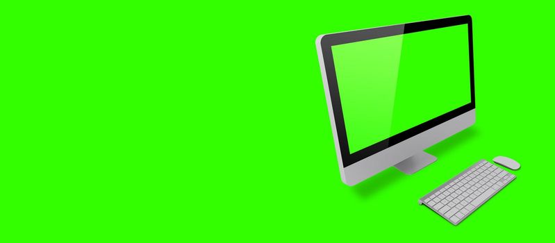 Mockup image of White desktop pc with blank green  screen on green background. suitable for your design element.