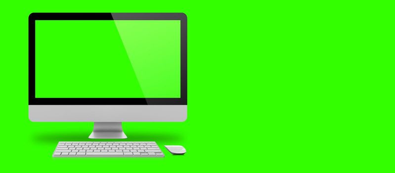 Mockup image of White desktop pc with blank green  screen on green background. suitable for your design element.