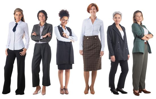 Group of business women in formal wear isolated on white background full length portrait