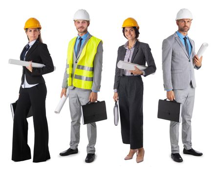 Team of four architects with blueprints isolated on white background, full length portrait