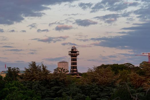 Copenhagen, Denmark - June 16, 2020: The observational tower of the zoo in Copenhagen during sunset.