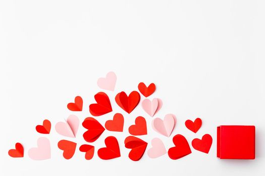 Valentine's Day background. Gifts, hearts on white. Concept of love, affection. Holiday card.