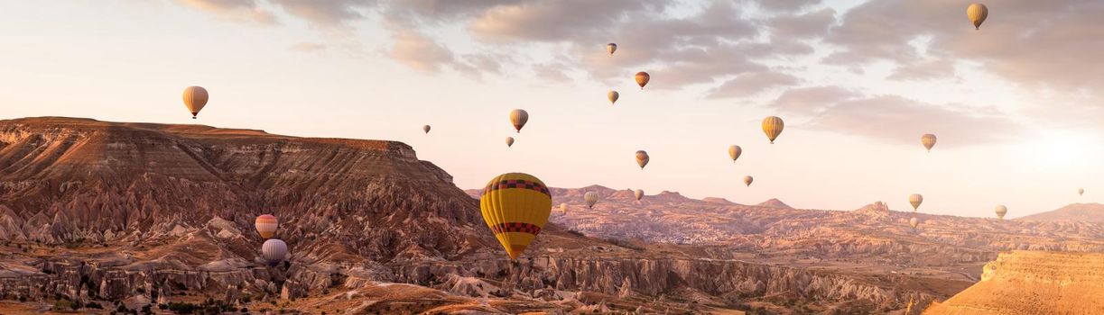 Panoramic view of hot air balloons flying during festival in Cappadocia, Turkey
