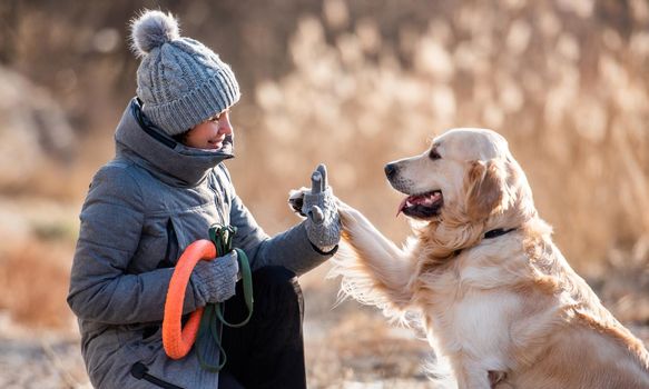 Woman owner sitting and high five to golden retriever dog during early spring walk outdoors. Girl with doggy pet labrador together at the nature