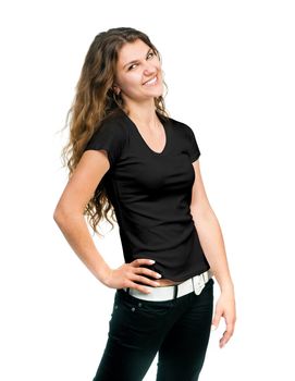 Young nice women posing with blank black shirts. Ready for your design