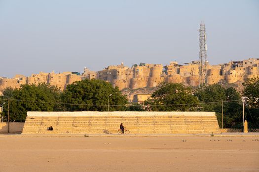 Jaisalmer, India - December 7, 2019: Historical Jaisalmer Fort as seen from the Shaheed Poonam Singh Stadium