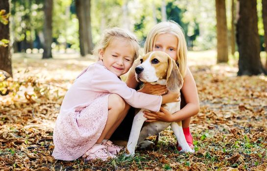 Little girls playing with beagle dog outside