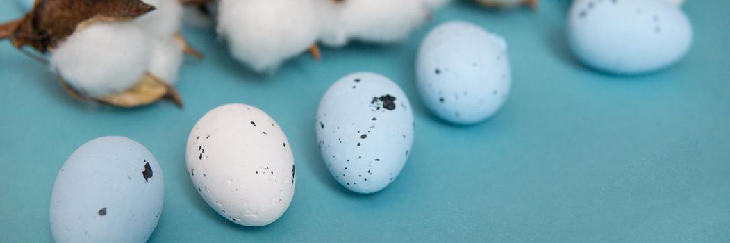 Easter background. Blue and white painted quail eggs on a blue background, decorated with cotton. Happy Easter holiday.
