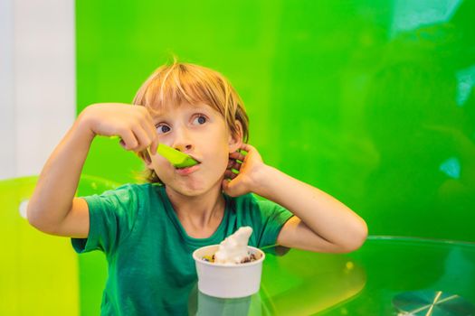 Happy young boy eating a tasty ice cream or frozen yogurt.