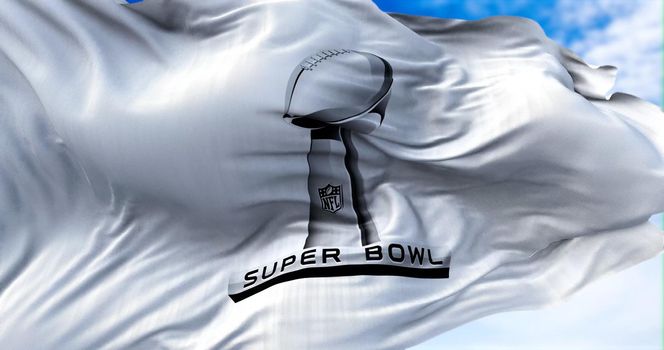 Inglewood, CA, USA, January 2022: The flag of the Super Bowl waving in the wind. The Super Bowl is the annual playoff championship game of the NFL