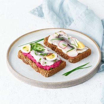 Savory smorrebrod, two traditional Danish sandwiches. Black rye bread with anchovy, beetroot, radish, eggs, cream cheese on grey plate on a white stone table, side view