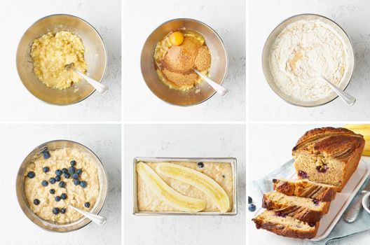 Banana bread. Collage, step by step recipe. Cake with banana and blueberries. Traditional american cuisine