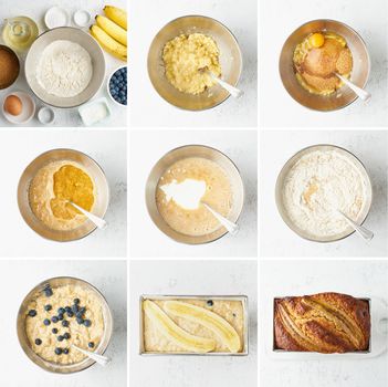 Banana bread. Collage, step by step recipe. Cake with banana and blueberries. Traditional american cuisine
