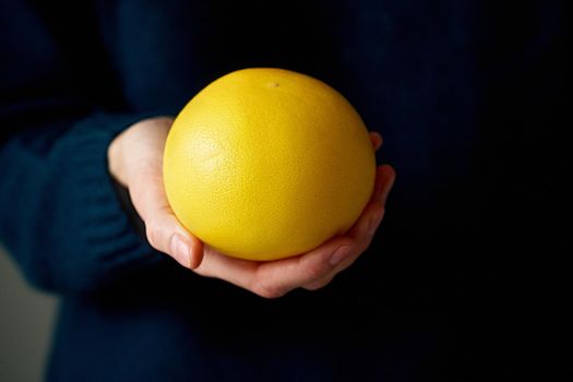 Close-up of woman's hand holding whole white yellow bright citrus fruit grapefruit on dark background. Lifestyle, natural light from window. Vitamins