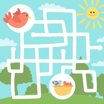 Maze game for children, education worksheet. Bird and nest with chicks. Easy difficulty level for preschoolers