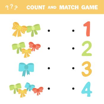 Counting game, count the number of ribbon and connect with the result. Educational children game, printable worksheet, vector illustration