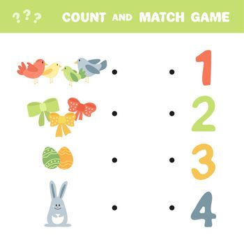 Count how many items. Vector Easter characters. Educational game. Cute Easter rabbit, birds, eggs, bows.