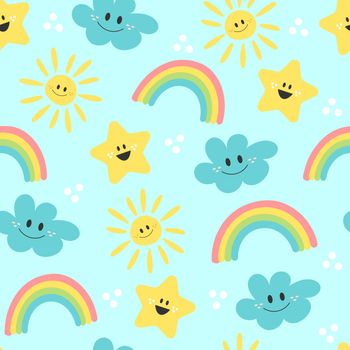 Cute cartoon sun, rainbow, cloud and star - seamless pattern background on blue. Pattern for kids design