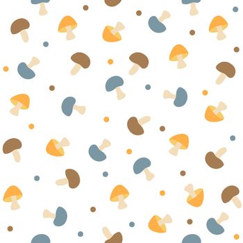 Seamless vector pattern of various mushrooms on white background. Simple hand drawn style