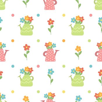 Spring seamless pattern. Garden watering cans with flowers. Colored pdttern for Easter. Childish print for nursery. For posters, cards, clothes